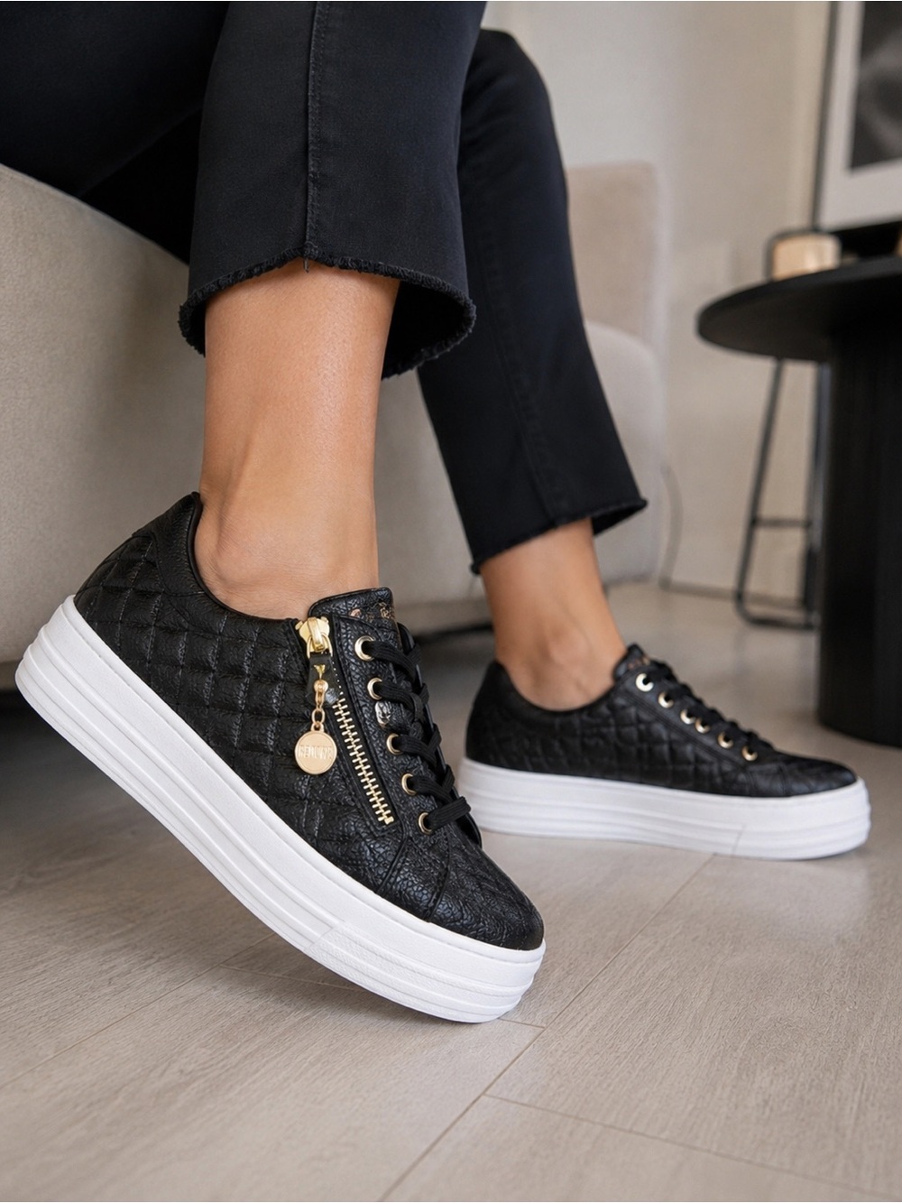 Remonte Black Quilted Platform Sneaker with Gold Charm